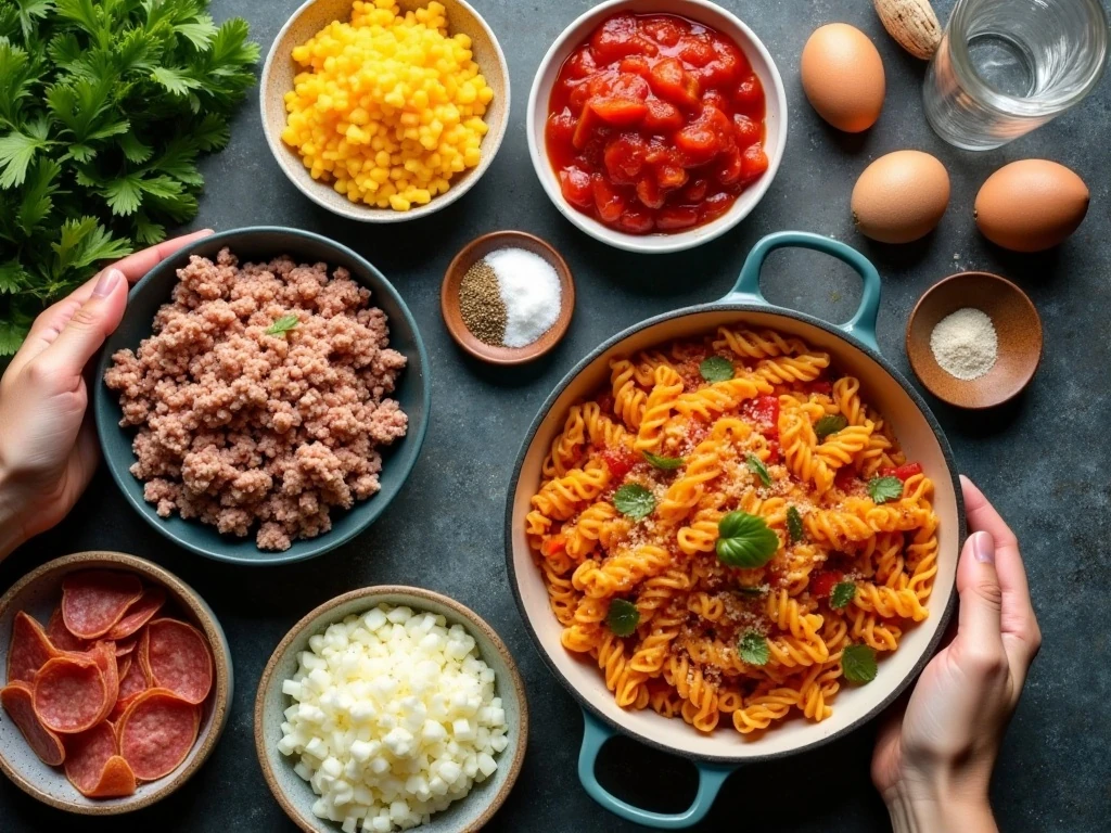 Ingredients for Weight Watchers pepperoni pizza casserole arranged on a counter