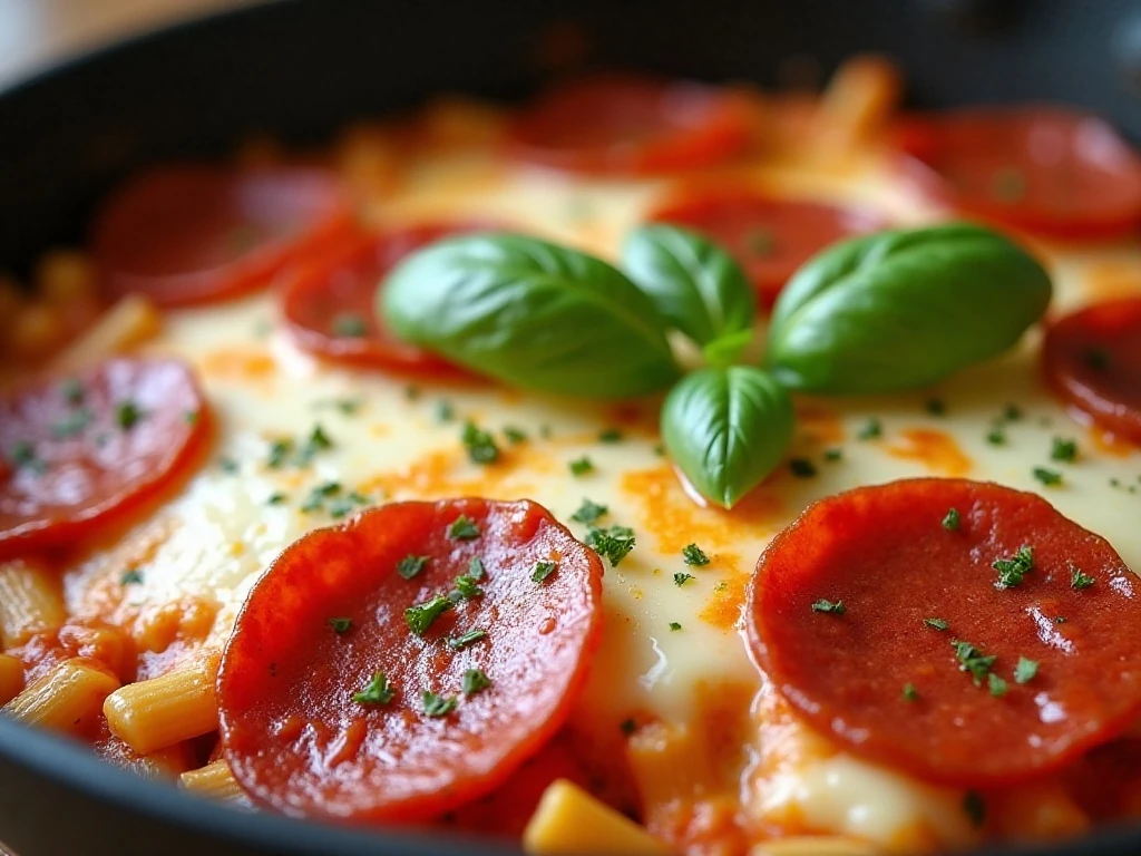 Close-up of melted cheese and turkey pepperoni on baked pasta casserole