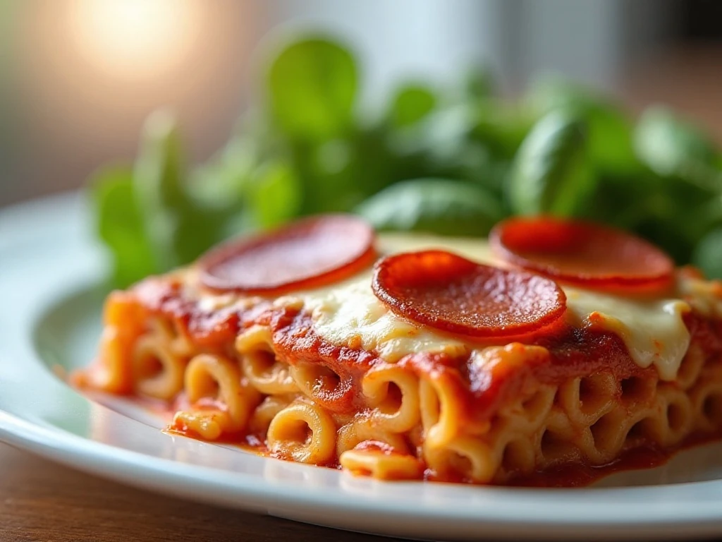 Reheated serving of pepperoni pizza casserole with a fresh side salad