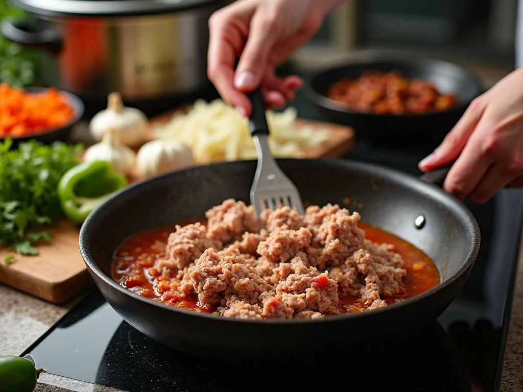 Browning lean meat and vegetables before making crockpot chili