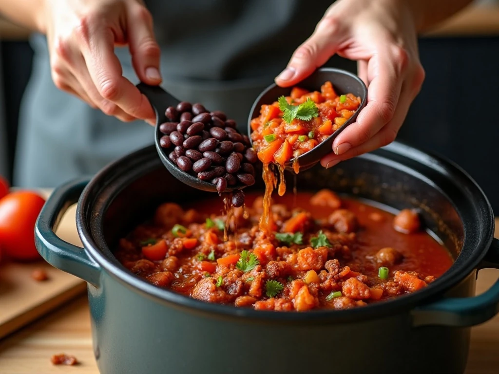 Adding beans, tomatoes, vegetables, and spices to slow cooker chili