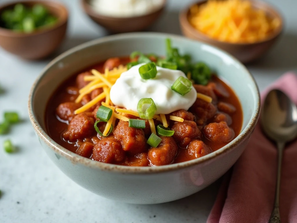 Slow cooker chili with Greek yogurt scallions and reduced-fat cheese toppings