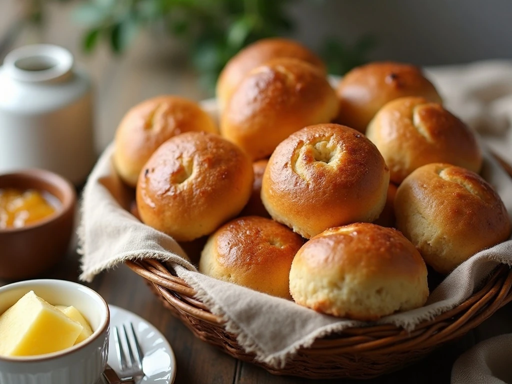 Soft golden muffin tin yeast rolls served for breakfast