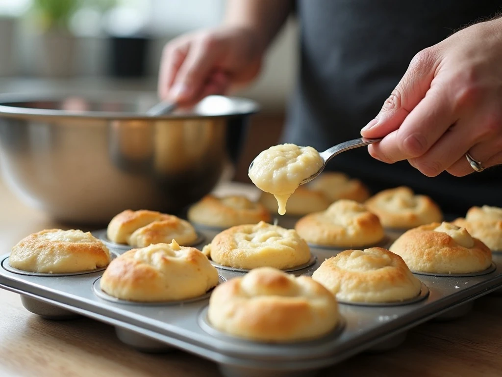 Spoon soft yeast dough into a muffin tin