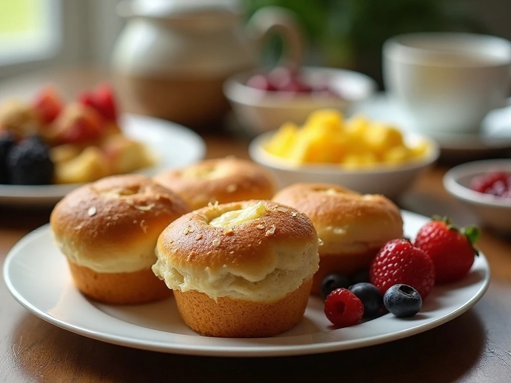 Muffin tin yeast rolls with breakfast accompaniments
