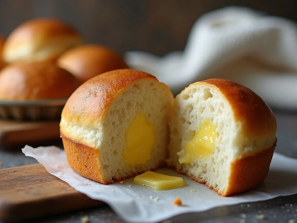 Tender interior of a reheated muffin tin yeast roll