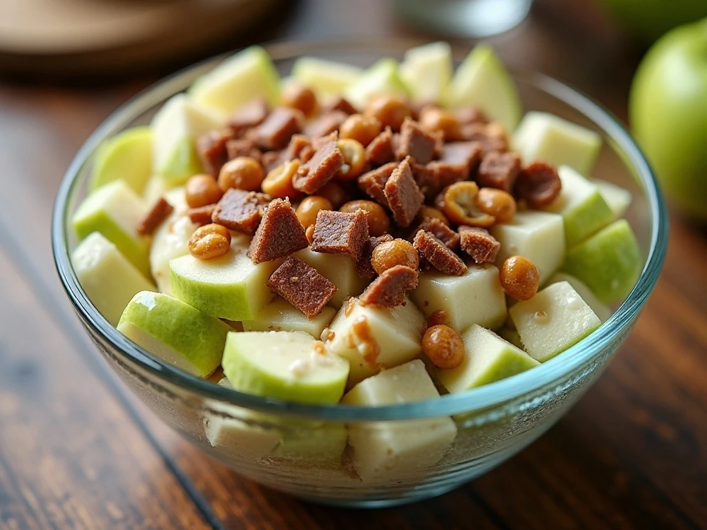 Creamy Snickers apple dessert salad in a clear serving bowl