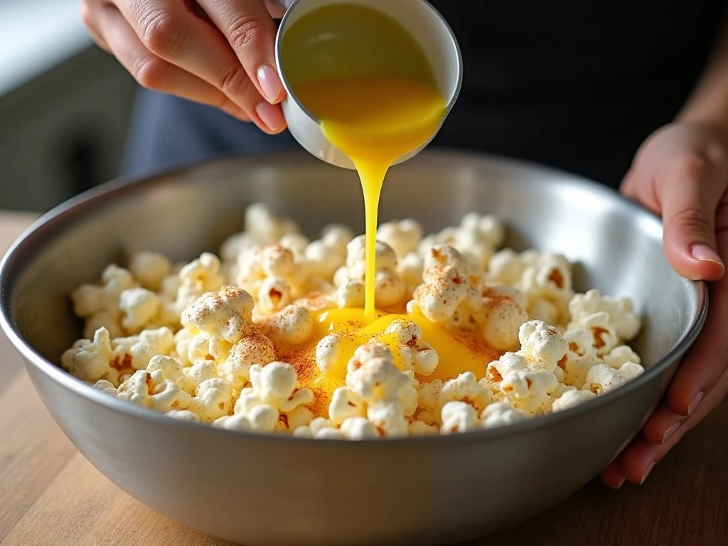 Drizzling butter and ranch seasoning over warm popcorn