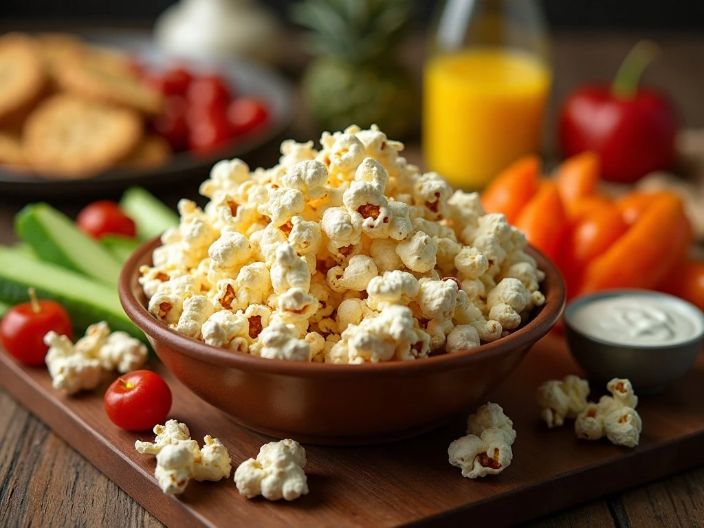 Zesty ranch popcorn served as part of a snack spread