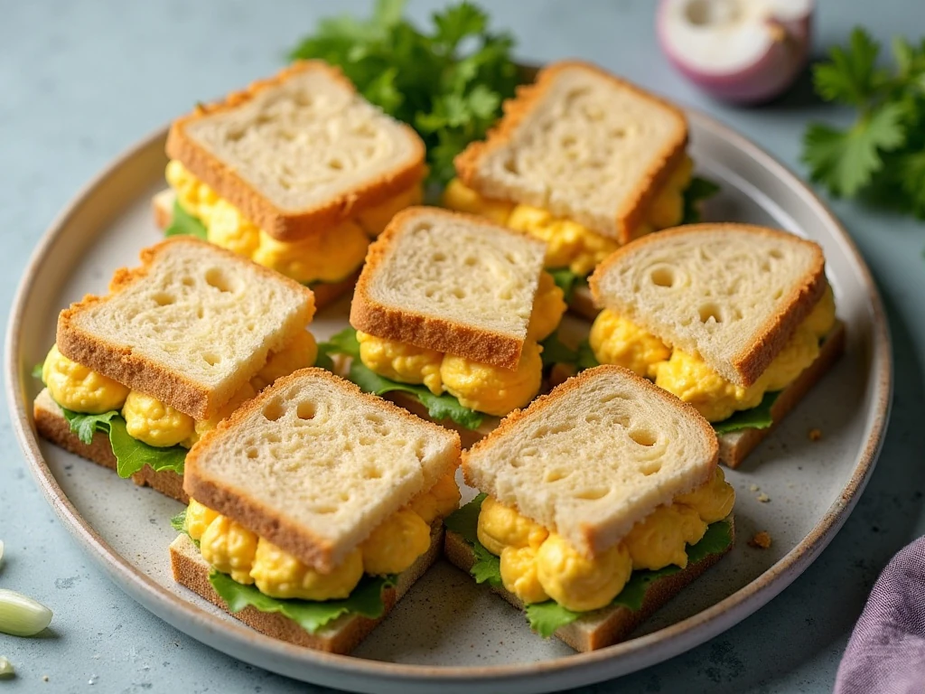 Egg and cheese salad track meet sandwiches arranged on a platter