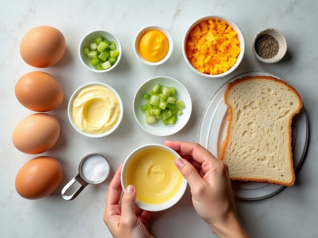 Ingredients for egg and cheese salad sandwiches