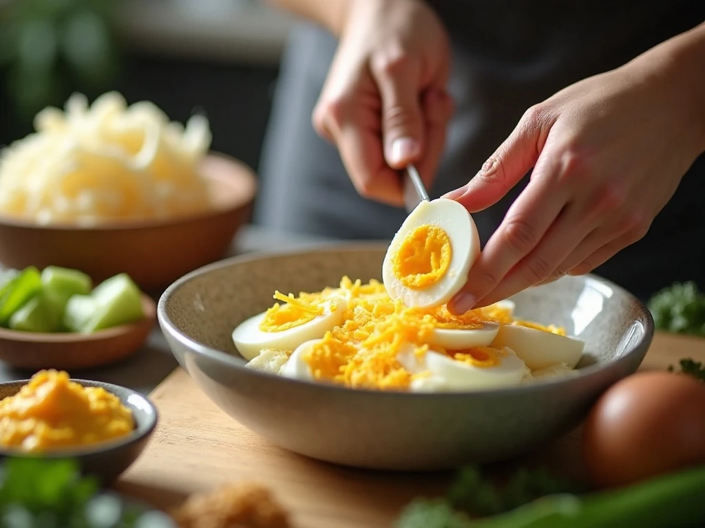 Preparing chopped eggs and ingredients for egg salad