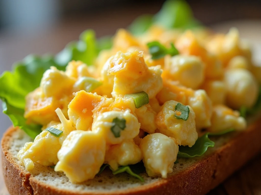 Close-up of textured egg and cheese salad sandwich filling