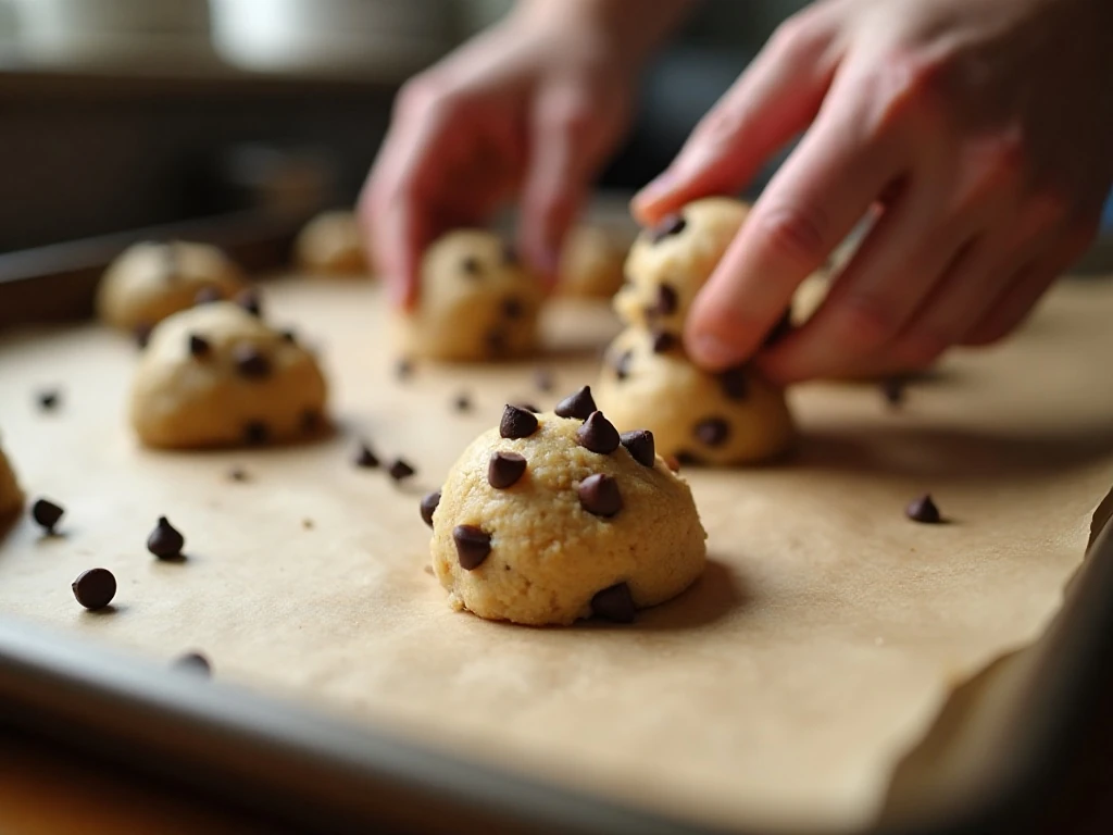 Portioned dairy-free chocolate chip cookie dough on a baking sheet