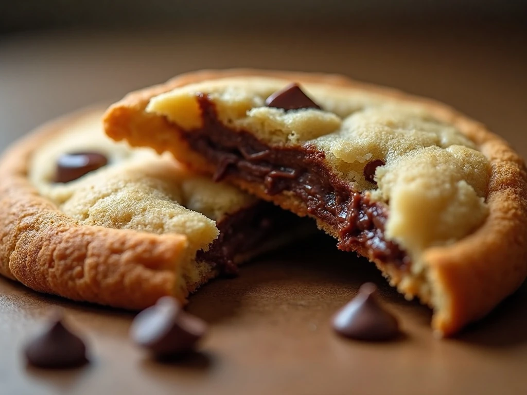 Soft chewy center of a dairy-free chocolate chip cookie