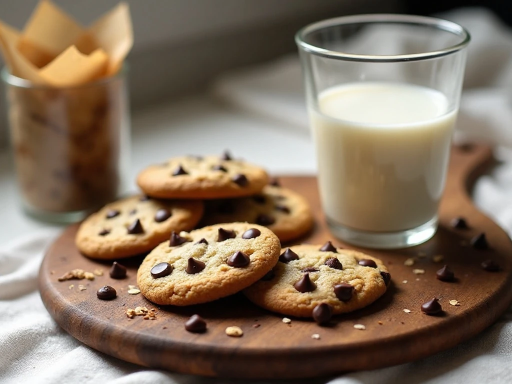 Dairy-free chocolate chip cookies served with oat milk