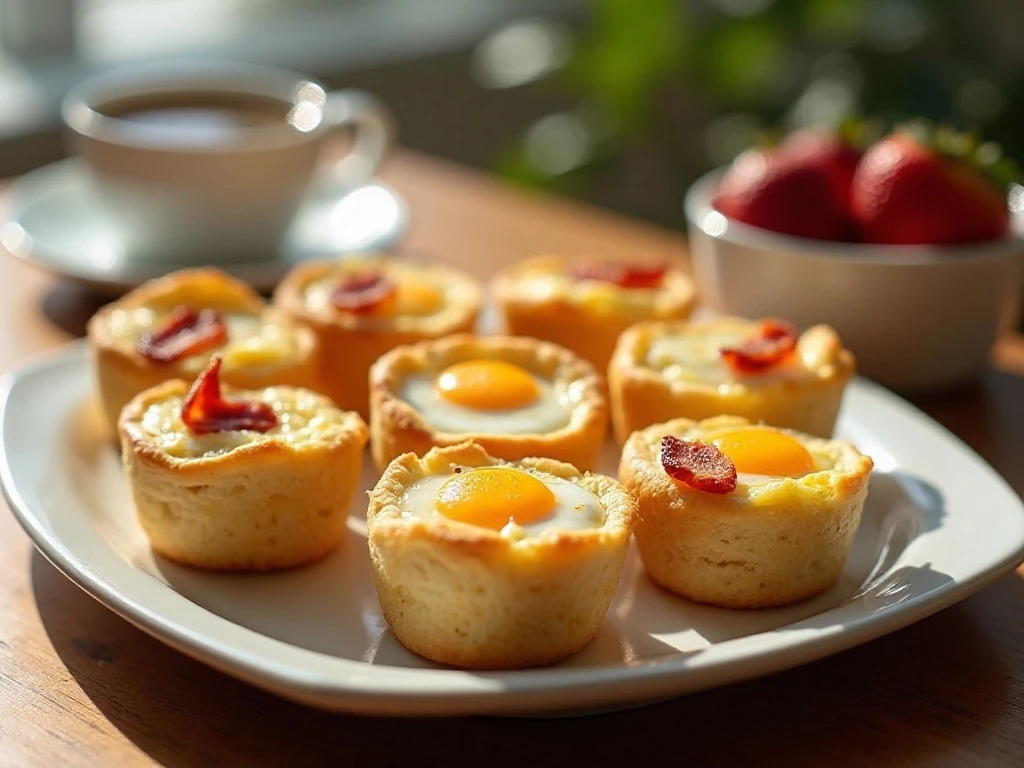 Golden biscuit cups filled with bacon, cheddar, and baked eggs