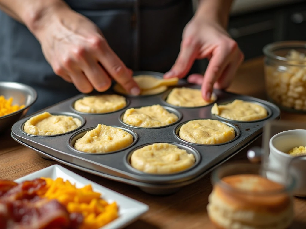 Shaping biscuit dough into muffin cups for baked eggs