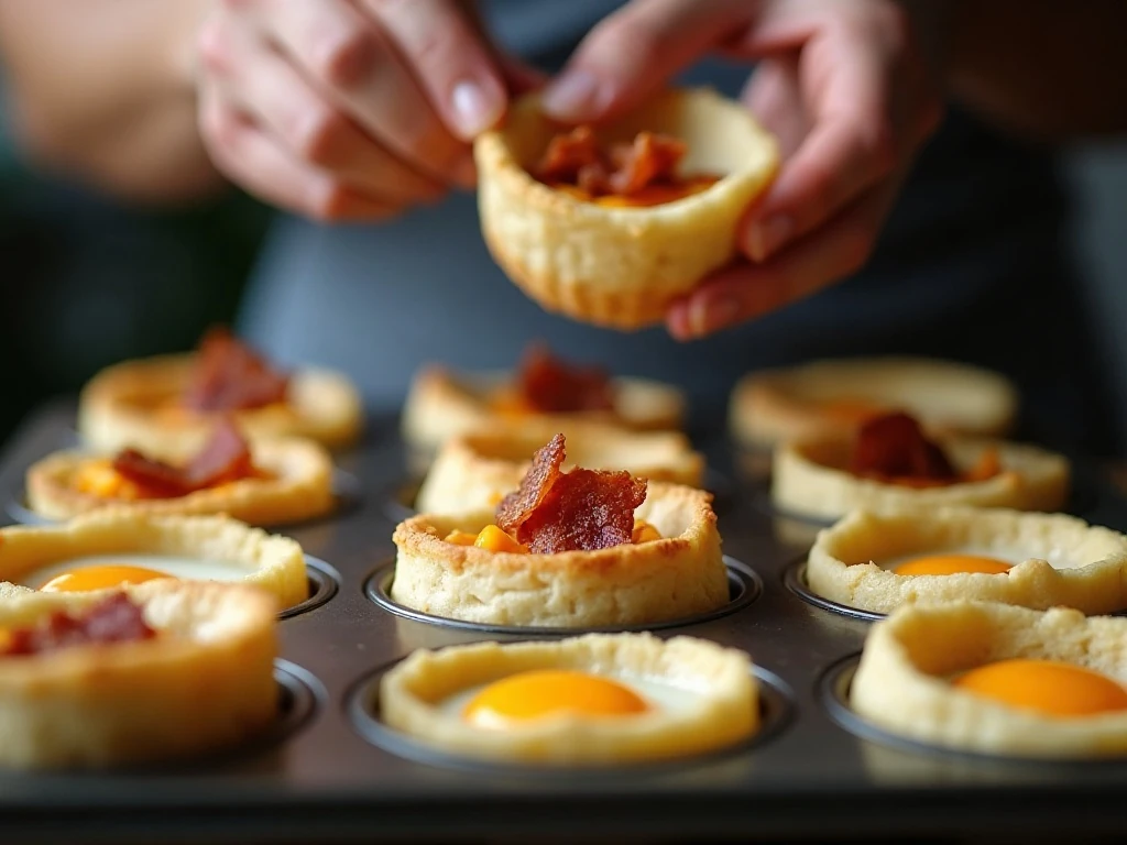 Filling biscuit shells with eggs and bacon before baking