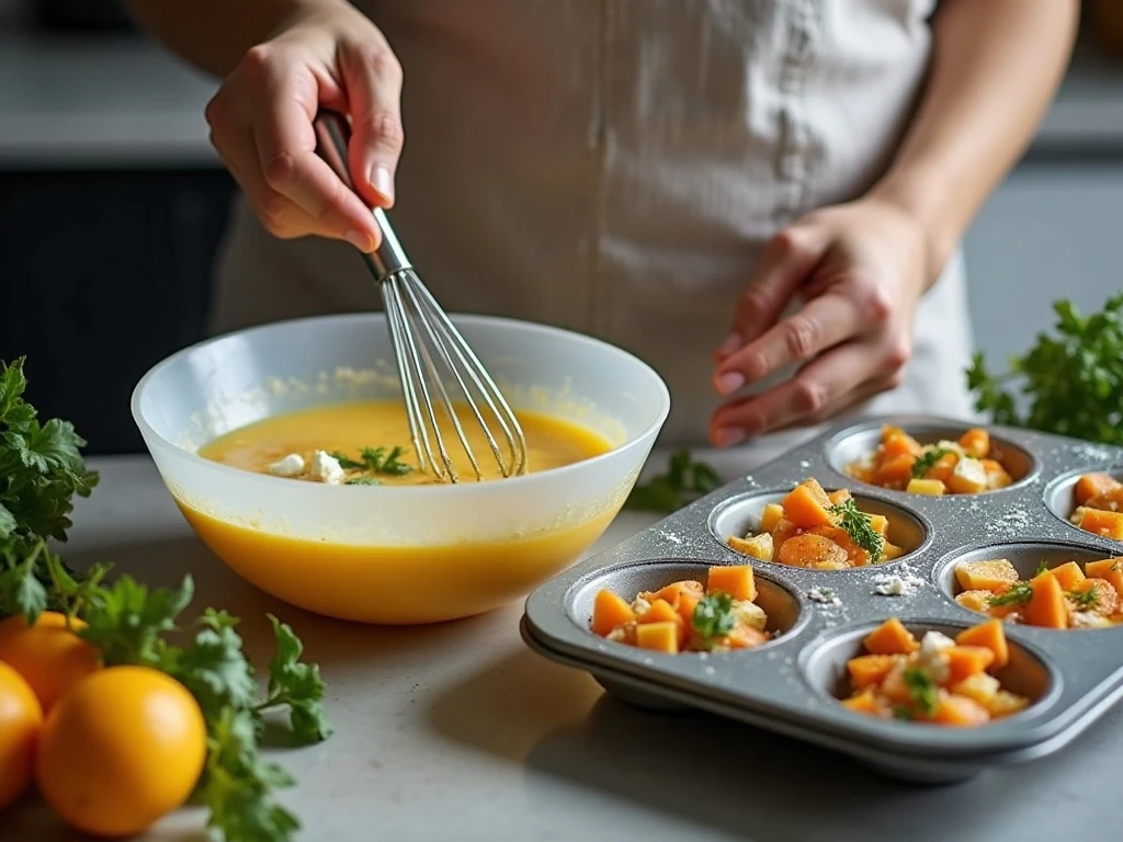 Preparing the egg mixture and vegetable fillings for egg muffins