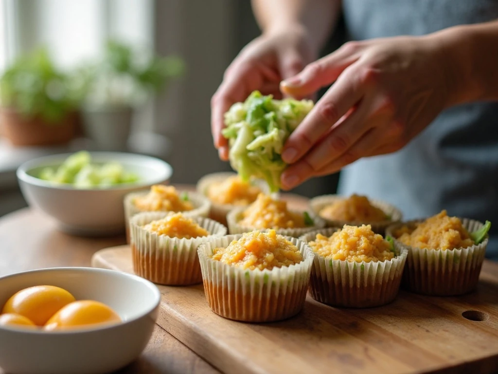 Finely chopped vegetables portioned into muffin cups before baking