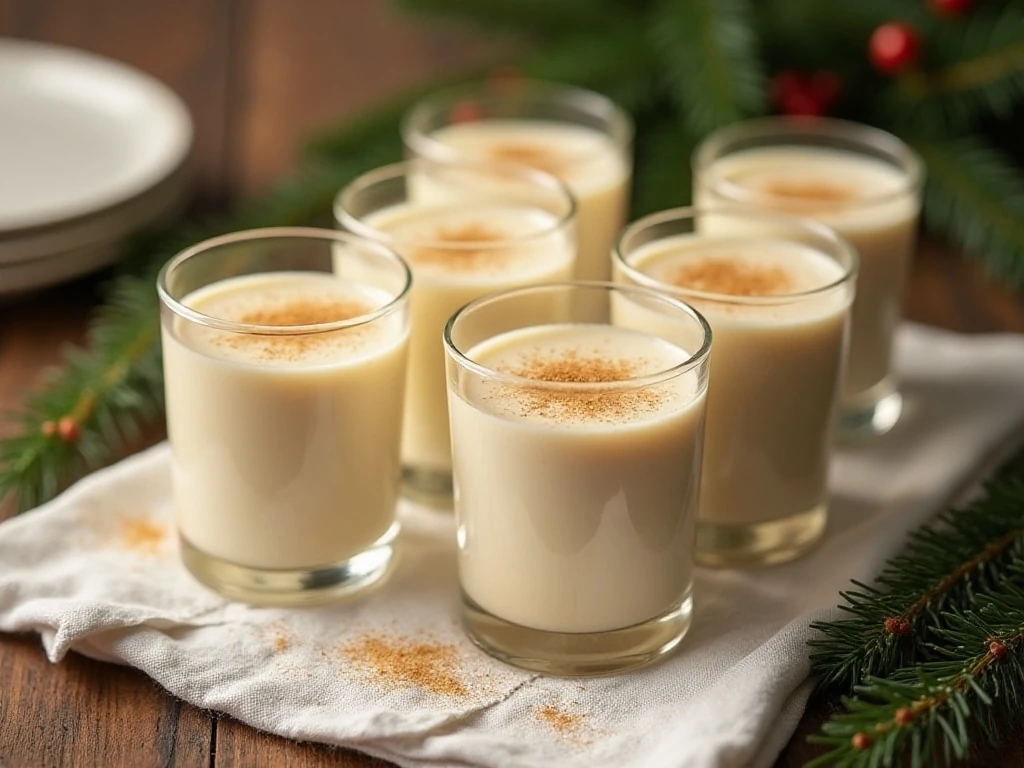 Six servings of creamy homemade eggnog topped with nutmeg
