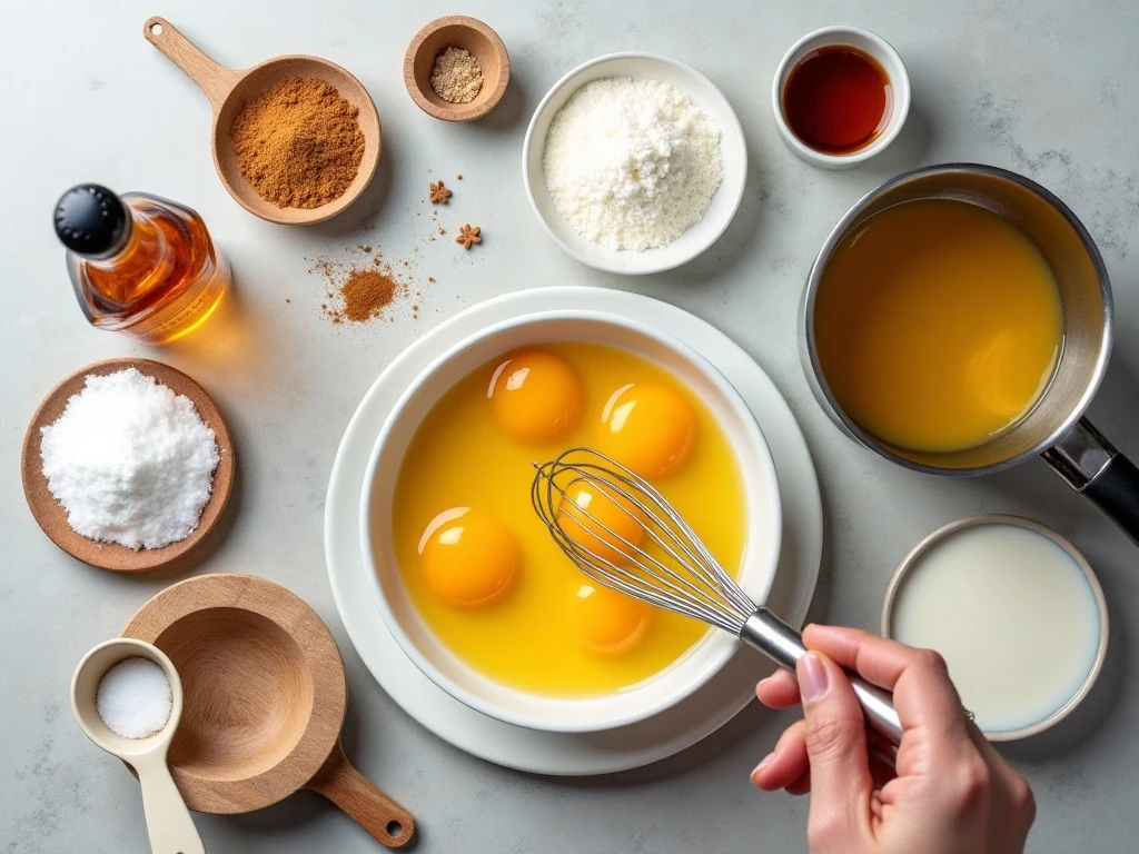 Ingredients for homemade creamy eggnog arranged on a counter
