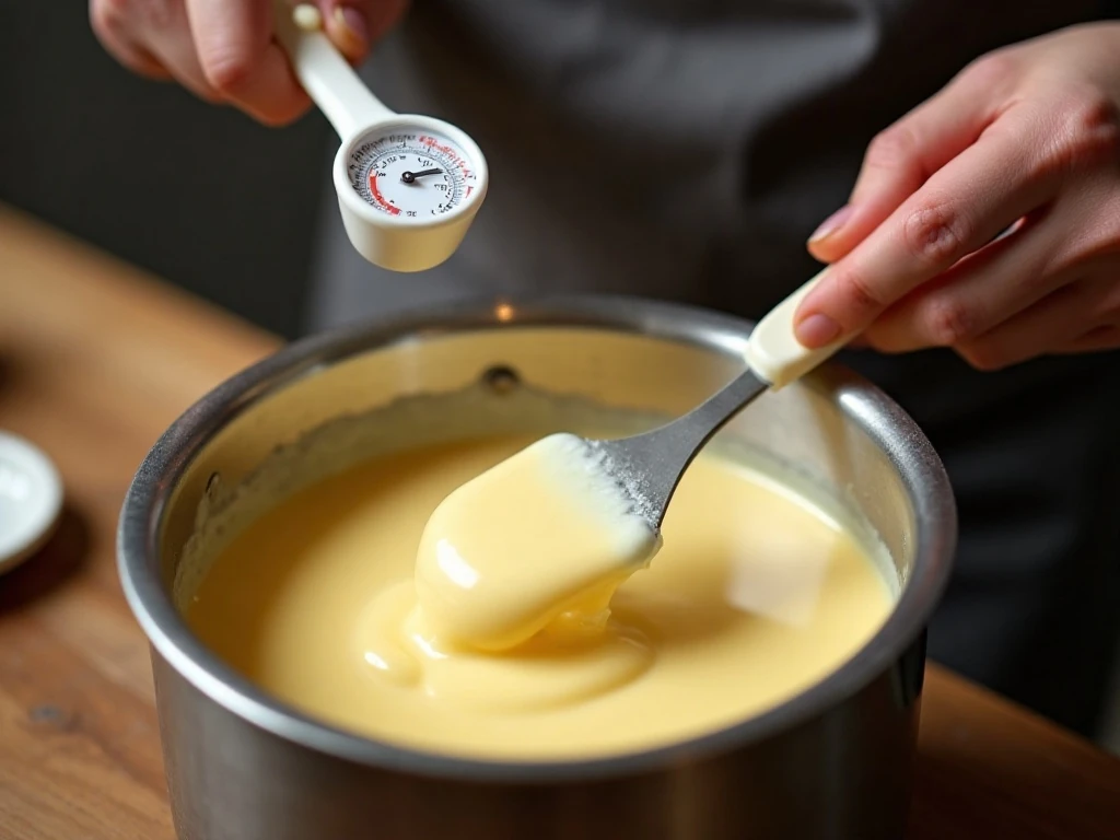 Eggnog custard being gently stirred to 160 degrees Fahrenheit