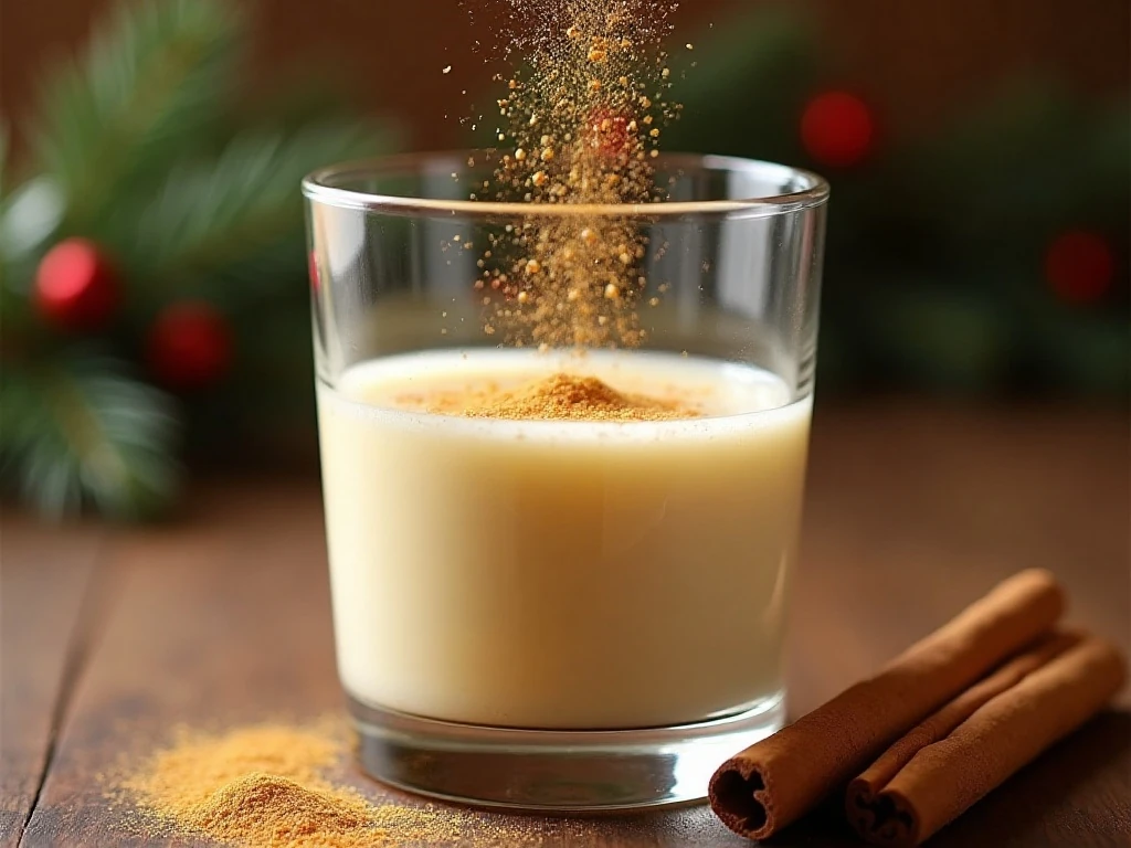 Fresh nutmeg grated over a glass of homemade eggnog