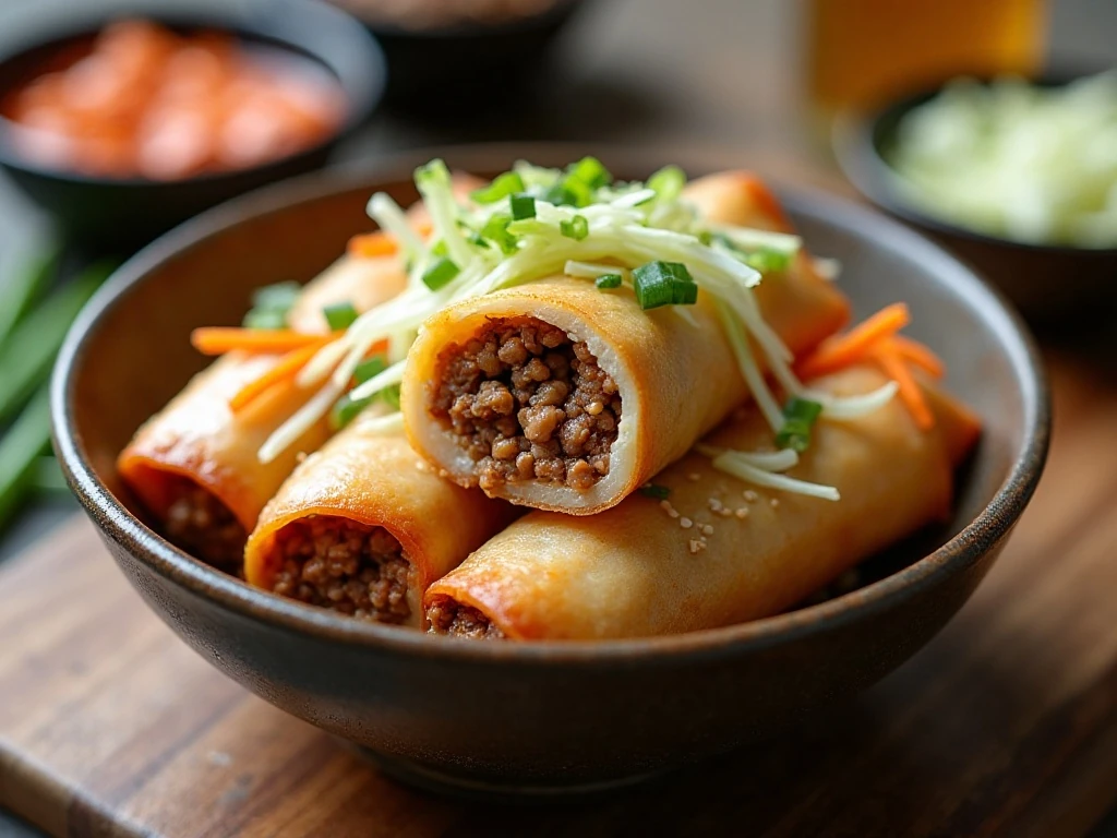 Colorful egg roll in a bowl with pork, cabbage, carrots, and sesame seeds