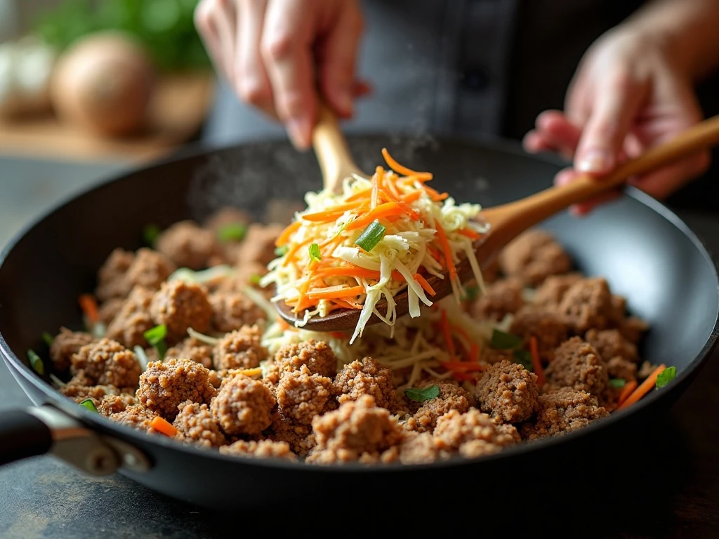 Cooking ground pork and coleslaw mix in a skillet for egg roll in a bowl