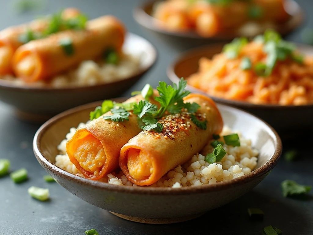 Egg roll in a bowl served with rice, chili sauce, and fresh toppings