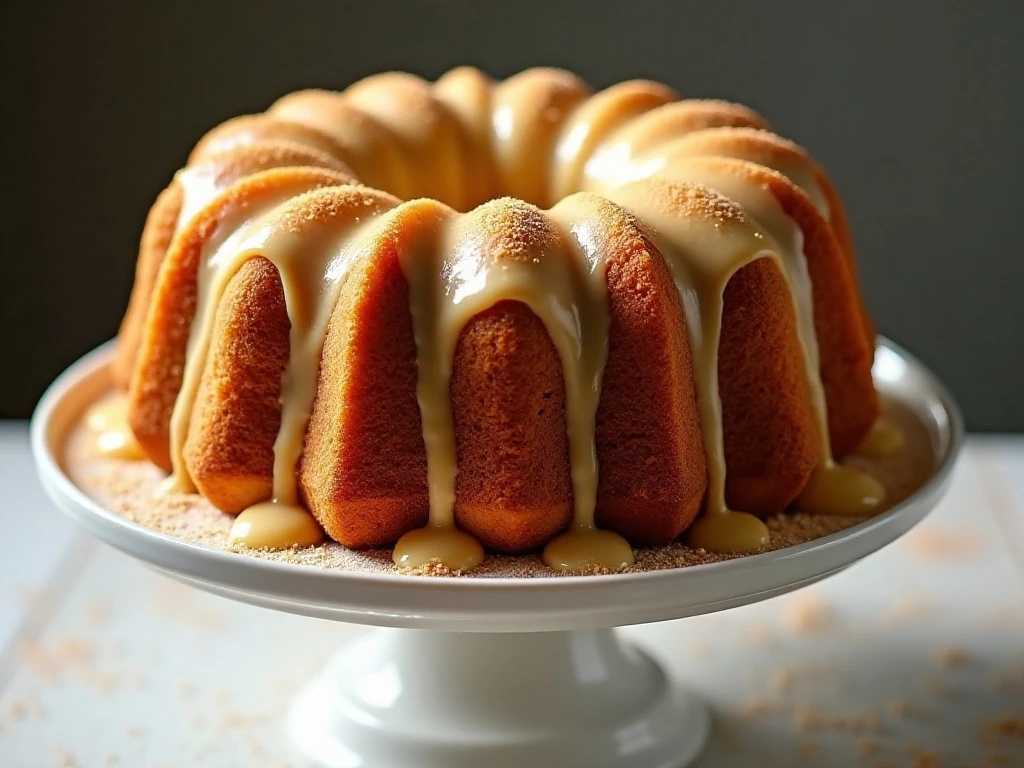 Golden eggnog Bundt cake covered with warm rum glaze