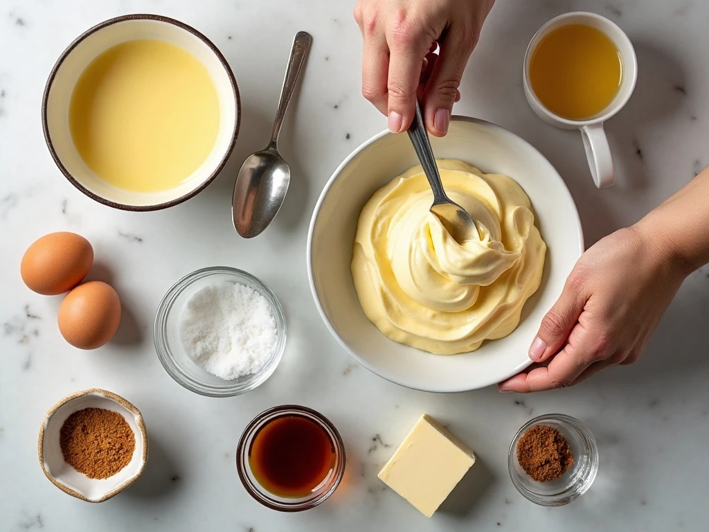 Ingredients for easy eggnog cake with rum glaze