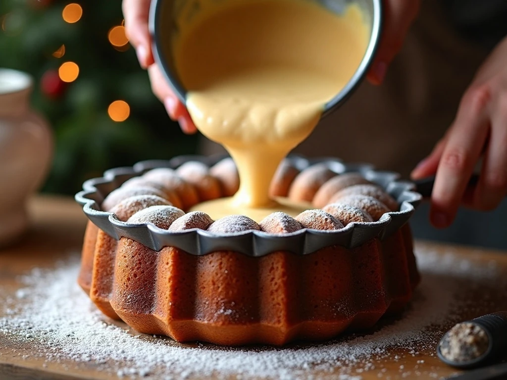 Eggnog cake batter being poured into a Bundt pan