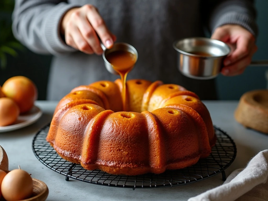 Warm Bundt cake ready to absorb rum glaze