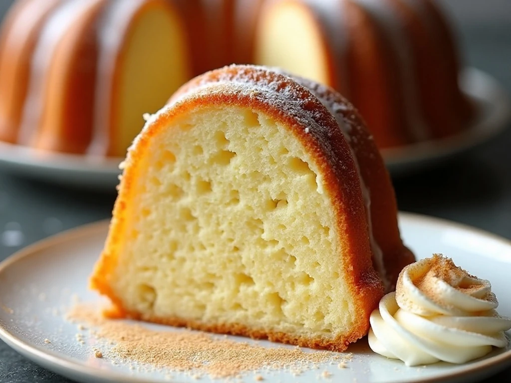 Moist sliced eggnog cake with nutmeg and rum glaze