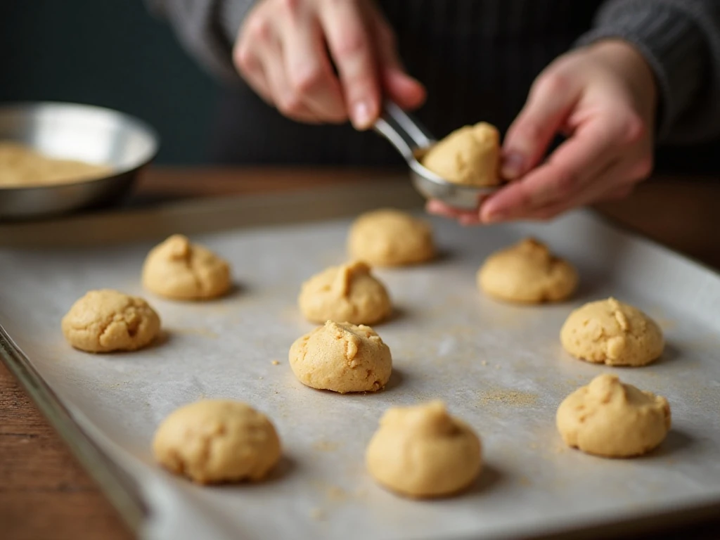 Portioned eggnog cookie dough on a parchment-lined baking sheet