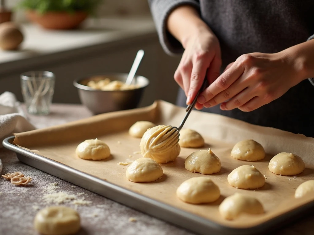 Scooping eggnog cookie dough onto a parchment-lined baking sheet