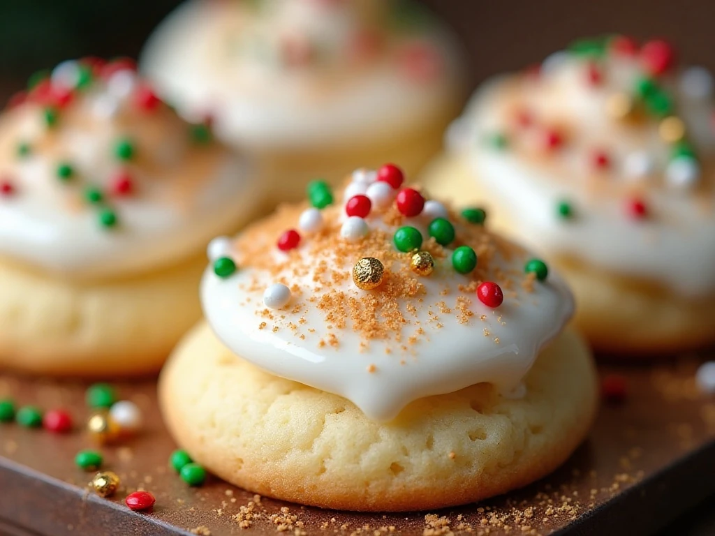 Eggnog cookies decorated with nutmeg glaze and holiday sprinkles