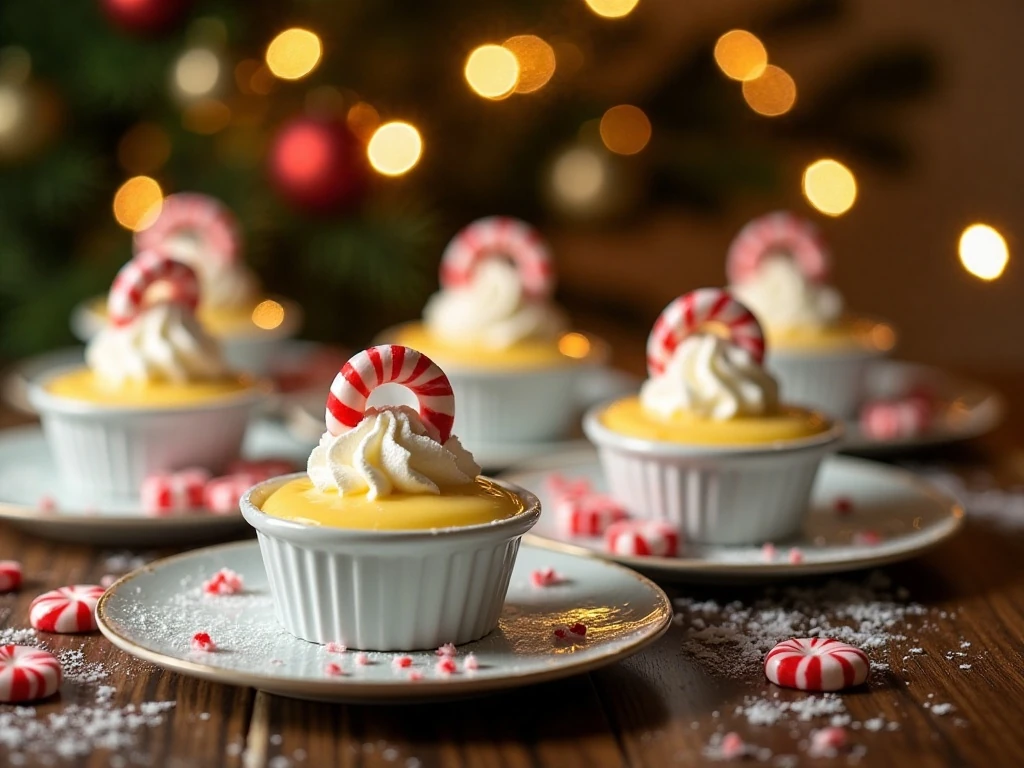 Individual eggnog custards with crushed peppermint ready for a holiday dessert table