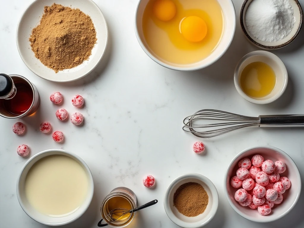 Ingredients for baked eggnog custard with crushed peppermint