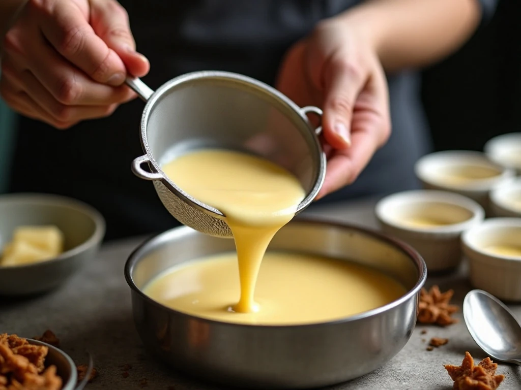 Straining eggnog custard before baking it in a water bath