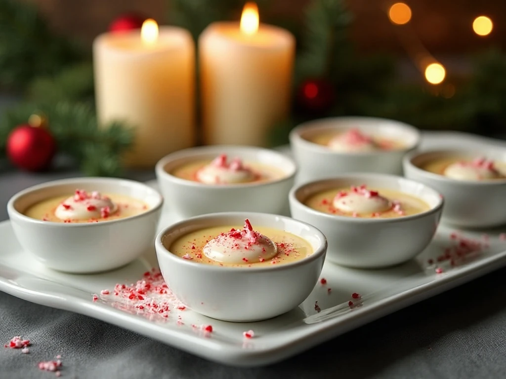 Chilled eggnog custard ramekins served with peppermint and whipped cream