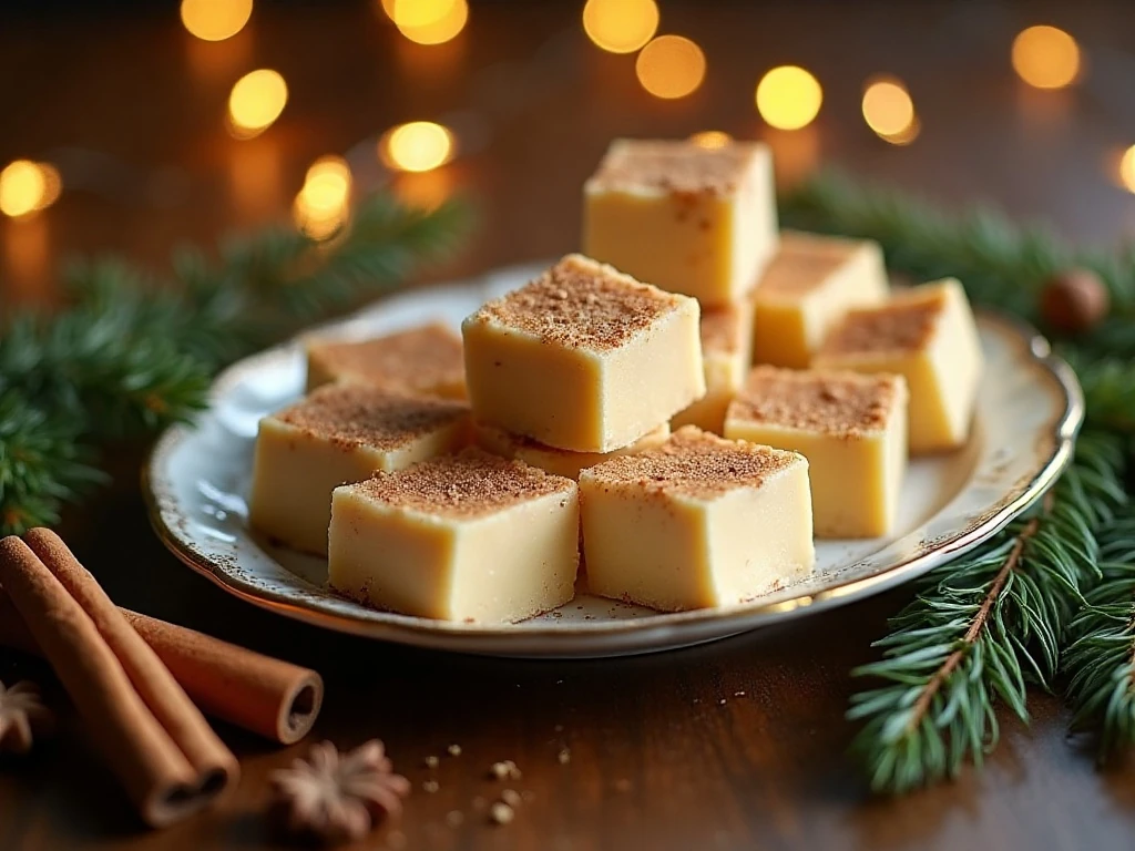 Creamy eggnog fudge squares arranged on a Christmas dessert platter