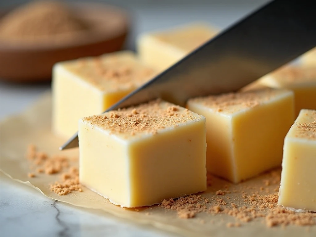 Cleanly cut eggnog fudge squares with nutmeg