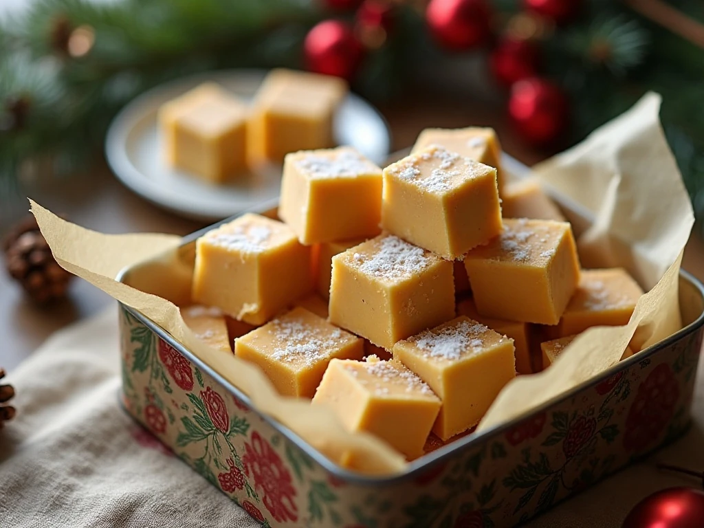 Eggnog fudge stored in a festive holiday candy tin