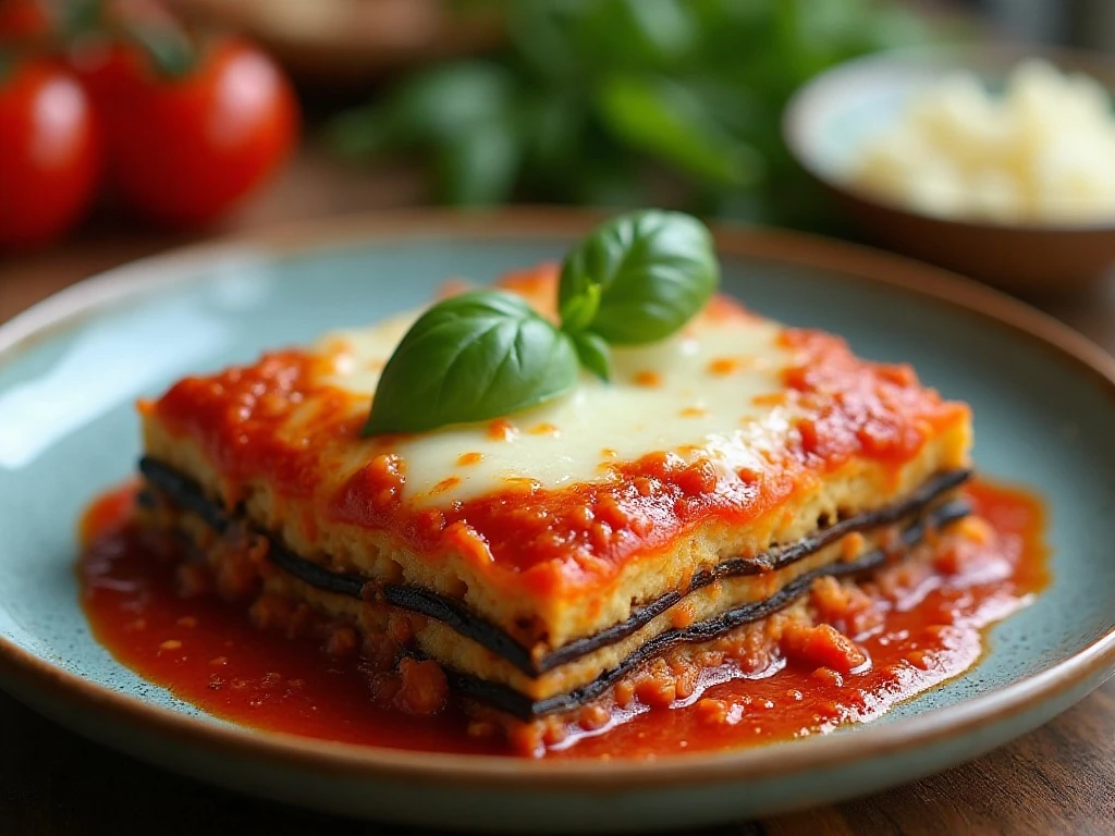 A hearty slice of homemade noodle-free eggplant lasagna with bubbling cheese and fresh basil
