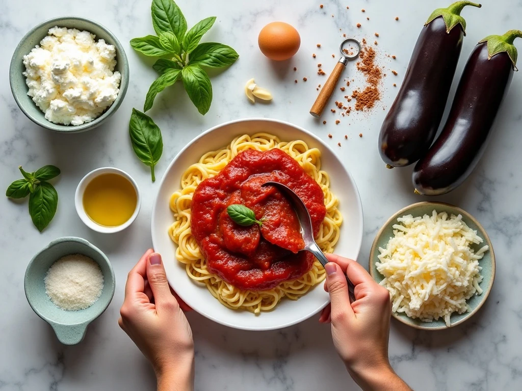 Ingredients for easy roasted eggplant lasagna arranged on a kitchen counter