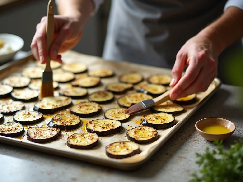 Eggplant slices arranged on parchment before roasting for lasagna